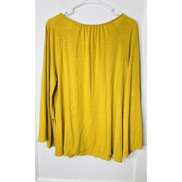Chicos Womens Shirt Sz 3 Bell Sleeve Yellow Linen Rayon Blend Pleated Neckline - Picture 4 of 10